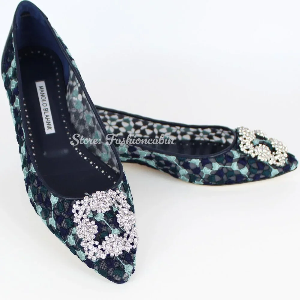 NEW Manolo Blahnik Hangisi Crystal Buckle Lace Flats YWOV EU 39